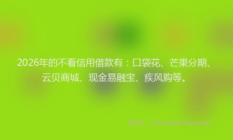 2026年的不看信用借款有：口袋花、芒果分期、云贝商城、现金易融宝、疾风购等。