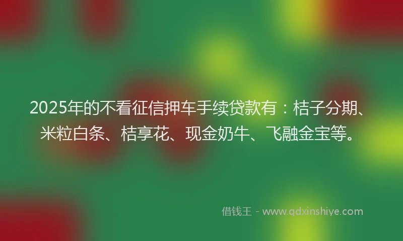 2025年的不看征信押车手续贷款有：桔子分期、米粒白条、桔享花、现金奶牛、飞融金宝等。