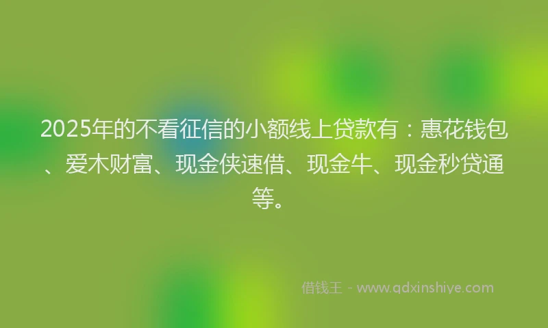 2025年的不看征信的小额线上贷款有:惠花钱包、爱木财富、现金侠速借、现金牛、现金秒贷通等。