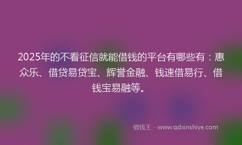 2025年的不看征信就能借钱的平台有哪些有：惠众乐、借贷易贷宝、辉誉金融、钱速借易行、借钱宝易融等。