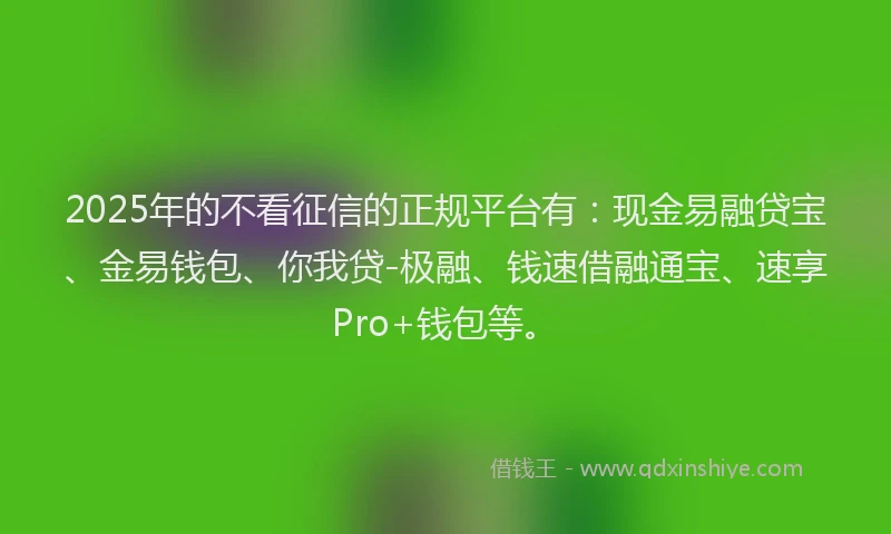 2025年的不看征信的正规平台有：现金易融贷宝、金易钱包、你我贷-极融、钱速借融通宝、速享Pro+钱包等。