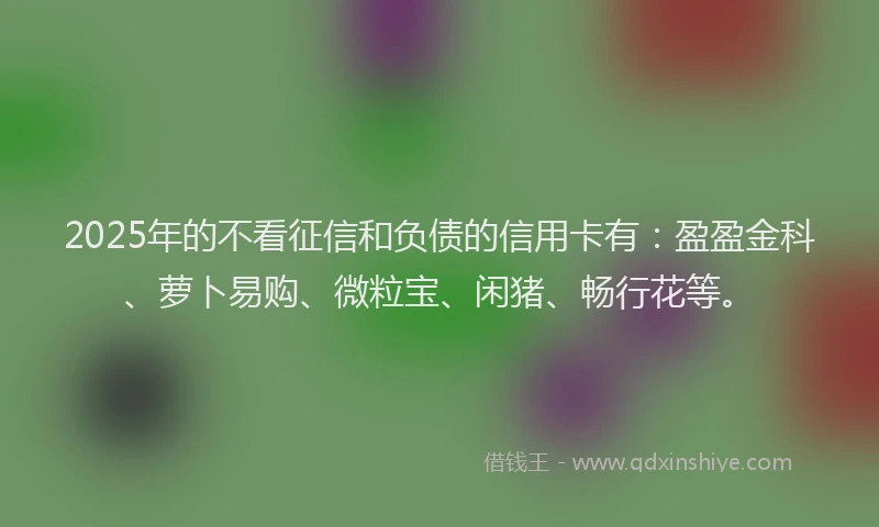 2025年的不看征信和负债的信用卡有：盈盈金科、萝卜易购、微粒宝、闲猪、畅行花等。