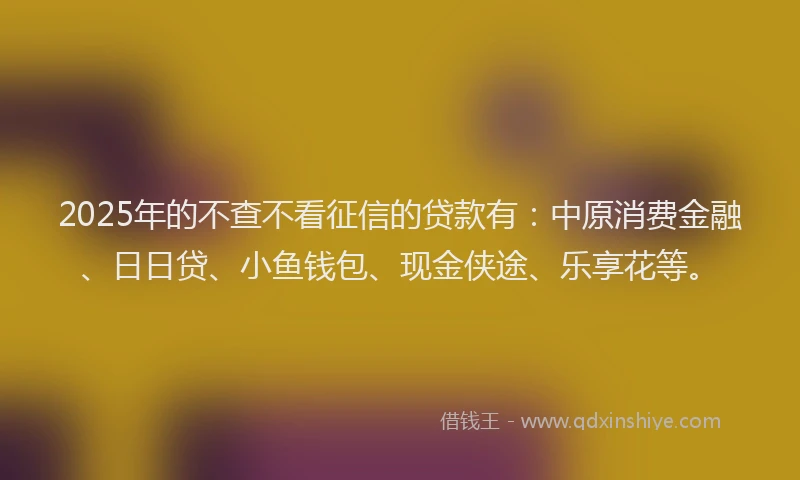 2025年的不查不看征信的贷款有：中原消费金融、日日贷、小鱼钱包、现金侠途、乐享花等。