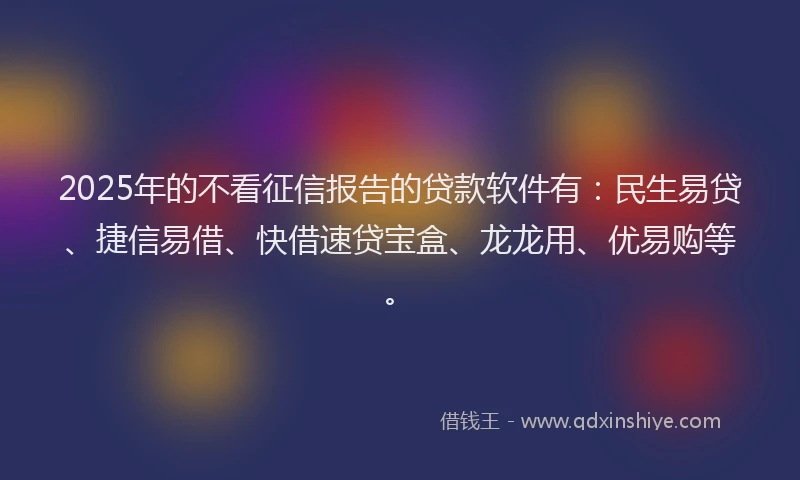 2025年的不看征信报告的贷款软件有：民生易贷、捷信易借、快借速贷宝盒、龙龙用、优易购等。