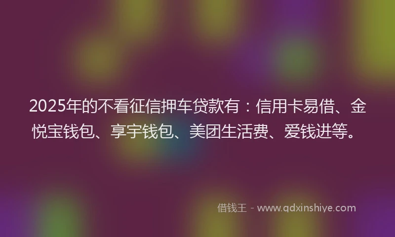 2025年的不看征信押车贷款有:信用卡易借、金悦宝钱包、享宇钱包、美团生活费、爱钱进等。