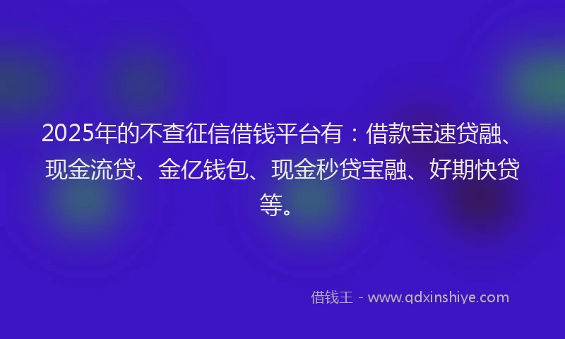 2025年的不查征信借钱平台有:借款宝速贷融、现金流贷、金亿钱包、现金秒贷宝融、好期快贷等。