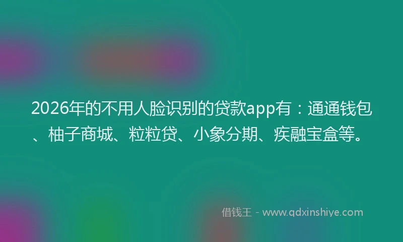 2026年的不用人脸识别的贷款app有：通通钱包、柚子商城、粒粒贷、小象分期、疾融宝盒等。