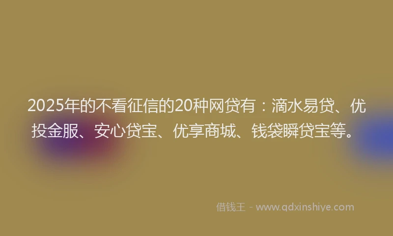 2025年的不看征信的20种网贷有：滴水易贷、优投金服、安心贷宝、优享商城、钱袋瞬贷宝等。