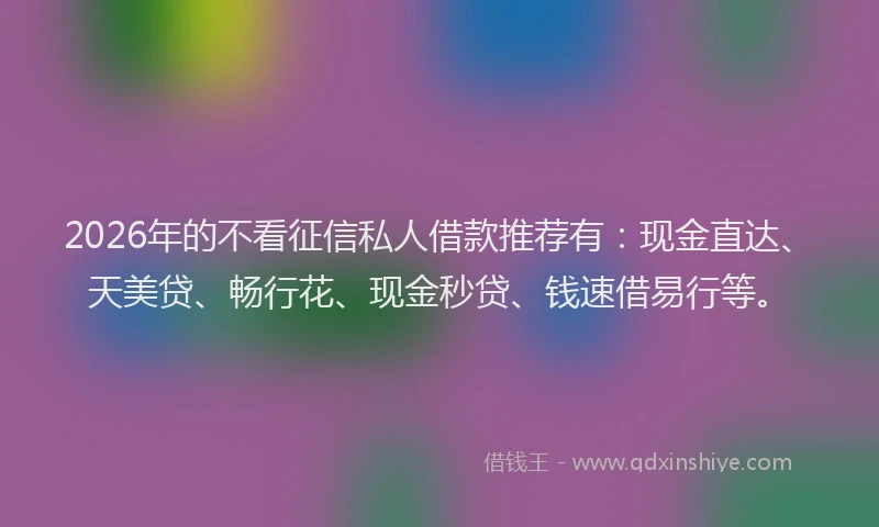 2026年的不看征信私人借款推荐有：现金直达、天美贷、畅行花、现金秒贷、钱速借易行等。