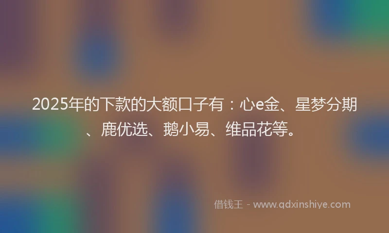 2025年的下款的大额口子有:心e金、星梦分期、鹿优选、鹅小易、维品花等。