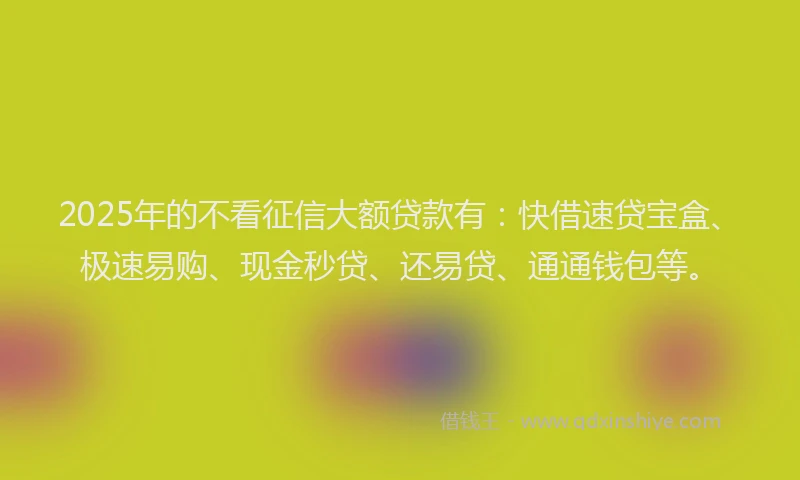 2025年的不看征信大额贷款有：快借速贷宝盒、极速易购、现金秒贷、还易贷、通通钱包等。
