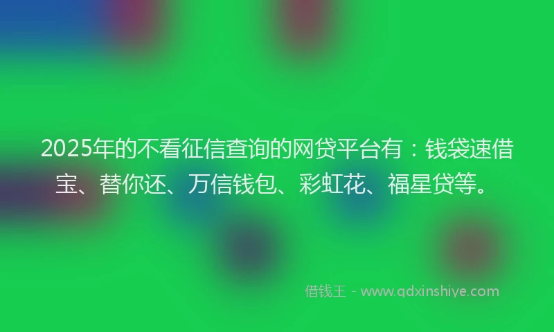2025年的不看征信查询的网贷平台有：钱袋速借宝、替你还、万信钱包、彩虹花、福星贷等。