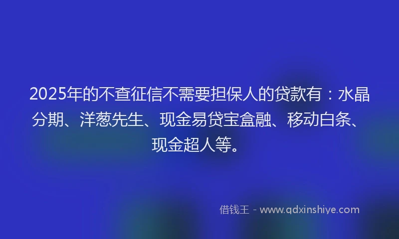 2025年的不查征信不需要担保人的贷款有：水晶分期、洋葱先生、现金易贷宝盒融、移动白条、现金超人等。