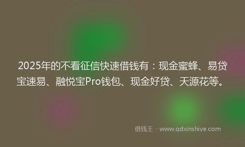 2025年的不看征信快速借钱有：现金蜜蜂、易贷宝速易、融悦宝Pro钱包、现金好贷、天源花等。