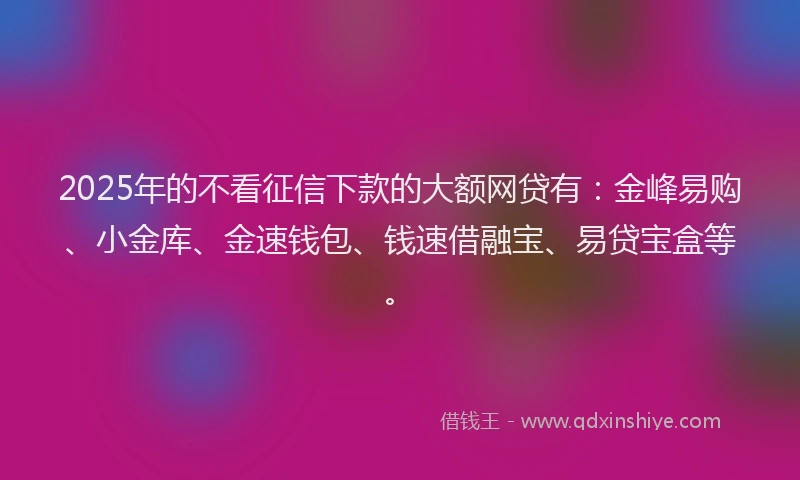 2025年的不看征信下款的大额网贷有：金峰易购、小金库、金速钱包、钱速借融宝、易贷宝盒等。