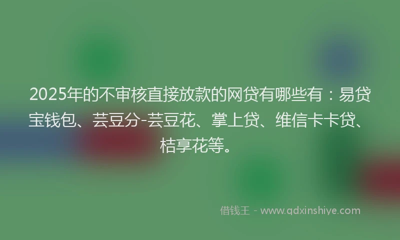 2025年的不审核直接放款的网贷有哪些有：易贷宝钱包、芸豆分-芸豆花、掌上贷、维信卡卡贷、桔享花等。