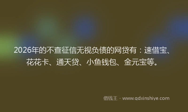 2026年的不查征信无视负债的网贷有:速借宝、花花卡、通天贷、小鱼钱包、金元宝等。