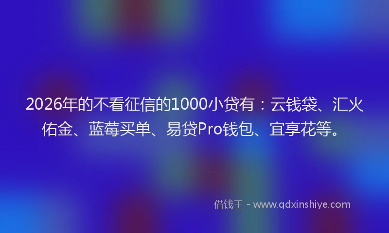 2026年的不看征信的1000小贷有：云钱袋、汇火佑金、蓝莓买单、易贷Pro钱包、宜享花等。