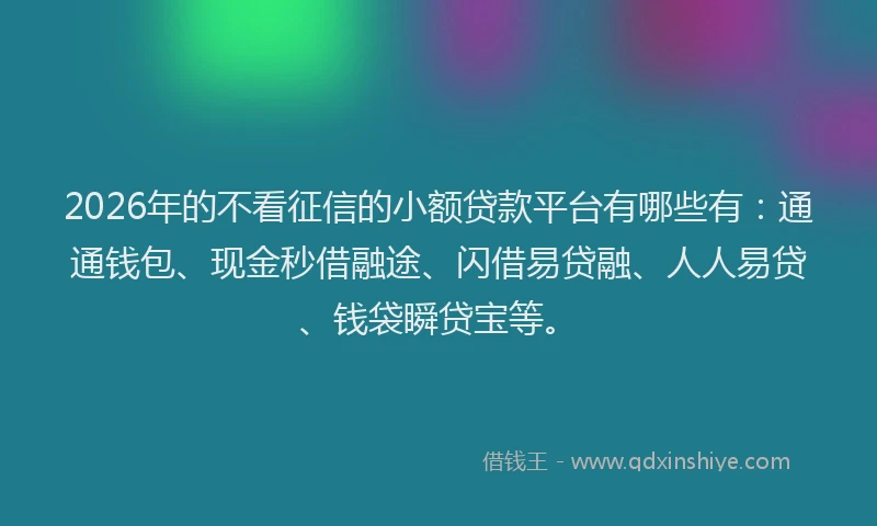 2026年的不看征信的小额贷款平台有哪些有:通通钱包、现金秒借融途、闪借易贷融、人人易贷、钱袋瞬贷宝等。