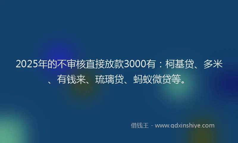 2025年的不审核直接放款3000有：柯基贷、多米、有钱来、琉璃贷、蚂蚁微贷等。