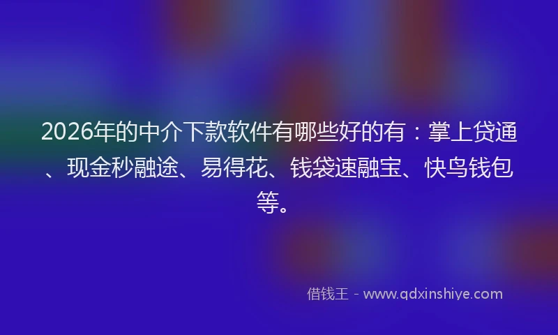 2026年的中介下款软件有哪些好的有：掌上贷通、现金秒融途、易得花、钱袋速融宝、快鸟钱包等。
