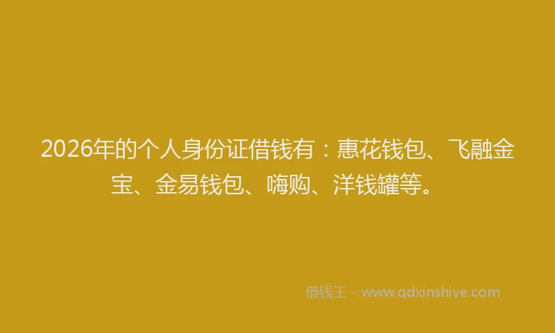 2026年的个人身份证借钱有：惠花钱包、飞融金宝、金易钱包、嗨购、洋钱罐等。