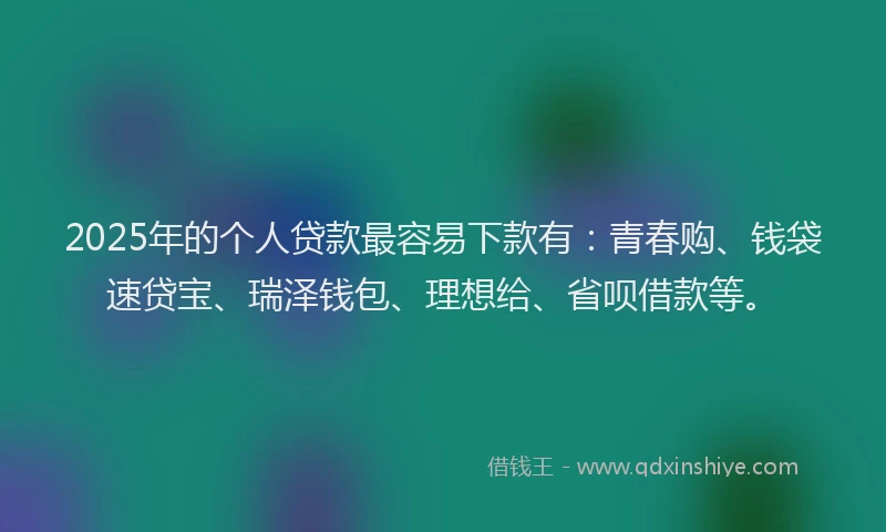 2025年的个人贷款最容易下款有：青春购、钱袋速贷宝、瑞泽钱包、理想给、省呗借款等。