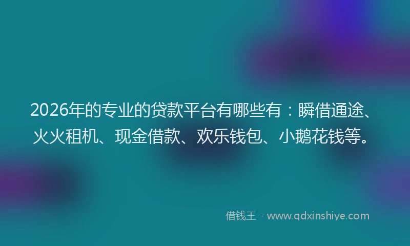 2026年的专业的贷款平台有哪些有：瞬借通途、火火租机、现金借款、欢乐钱包、小鹅花钱等。