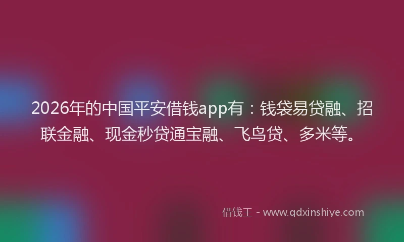 2026年的中国平安借钱app有：钱袋易贷融、招联金融、现金秒贷通宝融、飞鸟贷、多米等。