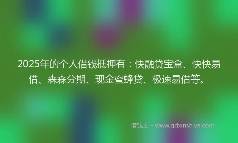 2025年的个人借钱抵押有：快融贷宝盒、快快易借、森森分期、现金蜜蜂贷、极速易借等。