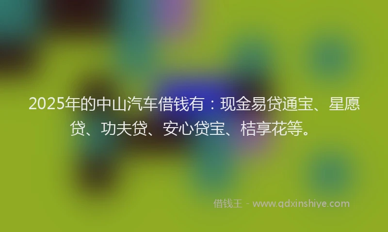 2025年的中山汽车借钱有：现金易贷通宝、星愿贷、功夫贷、安心贷宝、桔享花等。