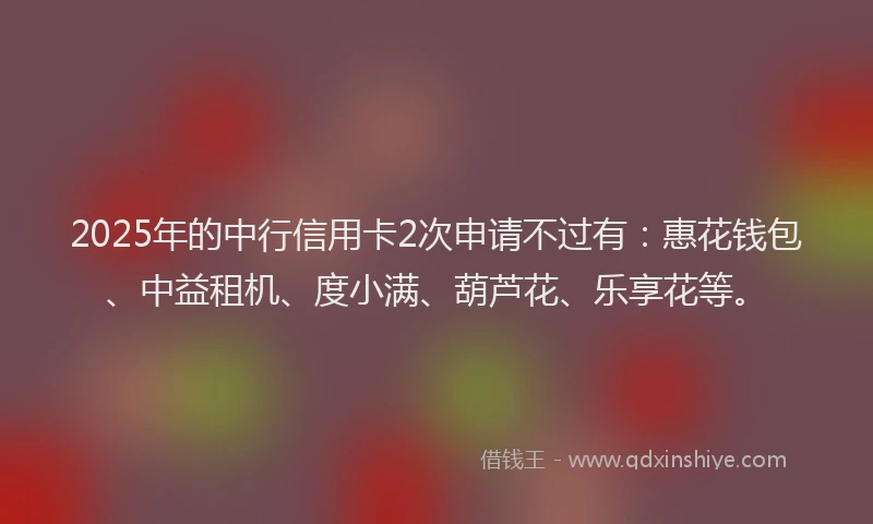 2025年的中行信用卡2次申请不过有：惠花钱包、中益租机、度小满、葫芦花、乐享花等。