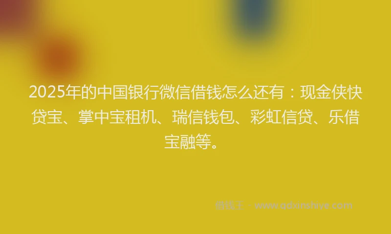 2025年的中国银行微信借钱怎么还有：现金侠快贷宝、掌中宝租机、瑞信钱包、彩虹信贷、乐借宝融等。