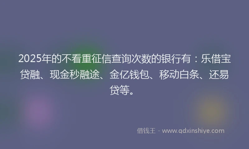 2025年的不看重征信查询次数的银行有：乐借宝贷融、现金秒融途、金亿钱包、移动白条、还易贷等。
