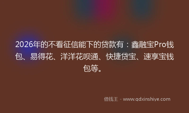 2026年的不看征信能下的贷款有：鑫融宝Pro钱包、易得花、洋洋花呗通、快捷贷宝、速享宝钱包等。