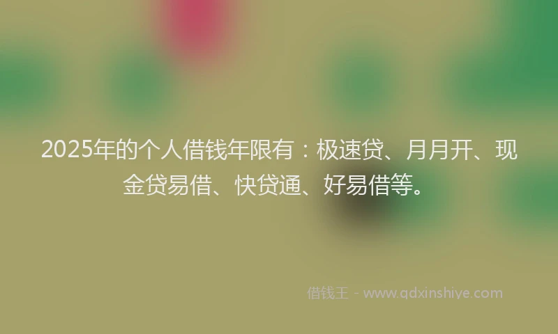 2025年的个人借钱年限有：极速贷、月月开、现金贷易借、快贷通、好易借等。