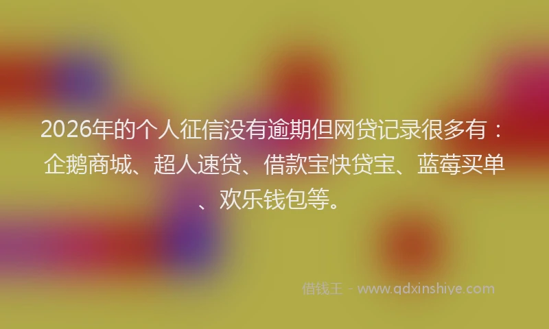 2026年的个人征信没有逾期但网贷记录很多有：企鹅商城、超人速贷、借款宝快贷宝、蓝莓买单、欢乐钱包等。