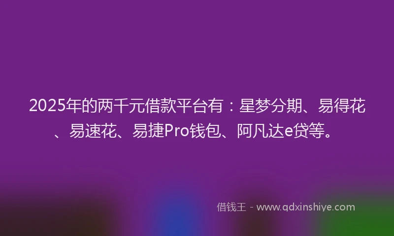 2025年的两千元借款平台有：星梦分期、易得花、易速花、易捷Pro钱包、阿凡达e贷等。