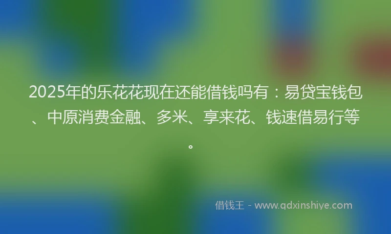 2025年的乐花花现在还能借钱吗有：易贷宝钱包、中原消费金融、多米、享来花、钱速借易行等。