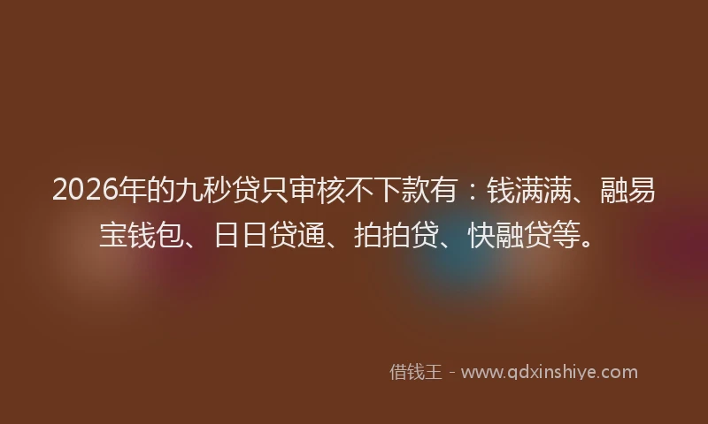 2026年的九秒贷只审核不下款有:钱满满、融易宝钱包、日日贷通、拍拍贷、快融贷等。