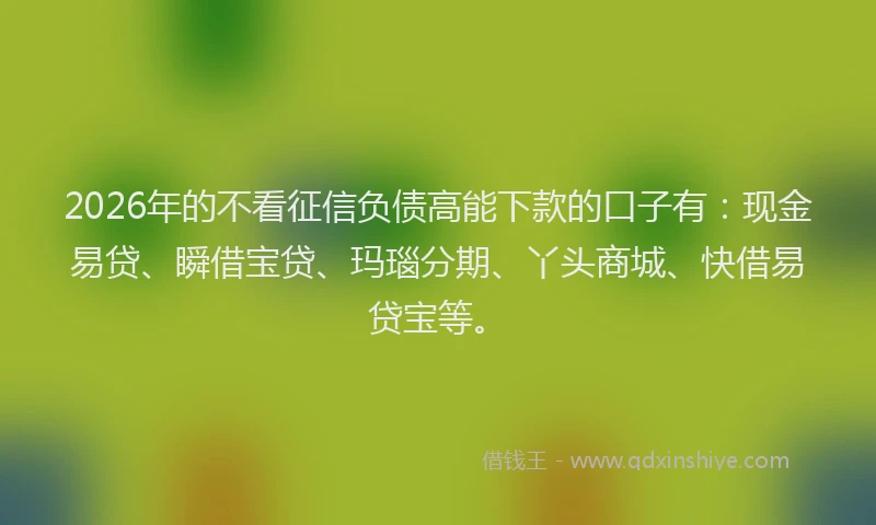 2026年的不看征信负债高能下款的口子有：现金易贷、瞬借宝贷、玛瑙分期、丫头商城、快借易贷宝等。