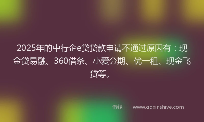 2025年的中行企e贷贷款申请不通过原因有：现金贷易融、360借条、小爱分期、优一租、现金飞贷等。