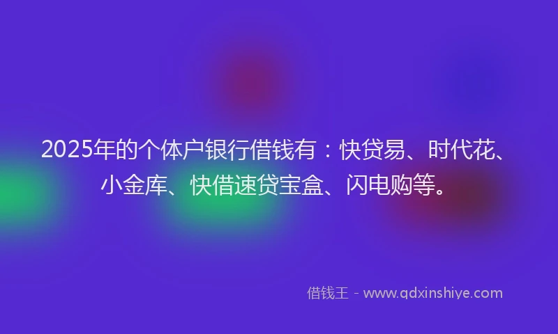 2025年的个体户银行借钱有：快贷易、时代花、小金库、快借速贷宝盒、闪电购等。