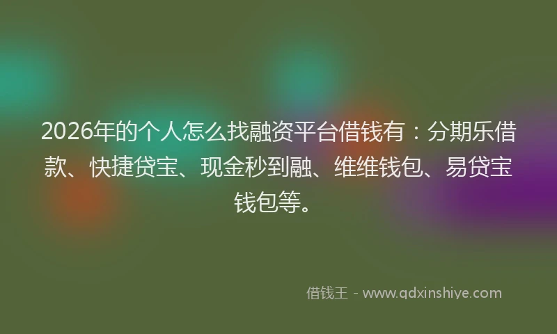 2026年的个人怎么找融资平台借钱有：分期乐借款、快捷贷宝、现金秒到融、维维钱包、易贷宝钱包等。