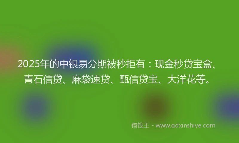2025年的中银易分期被秒拒有：现金秒贷宝盒、青石信贷、麻袋速贷、甄信贷宝、大洋花等。