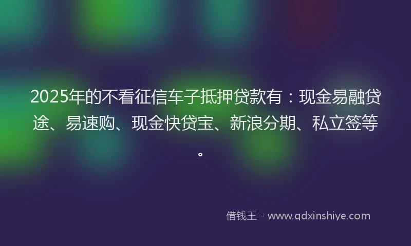 2025年的不看征信车子抵押贷款有：现金易融贷途、易速购、现金快贷宝、新浪分期、私立签等。