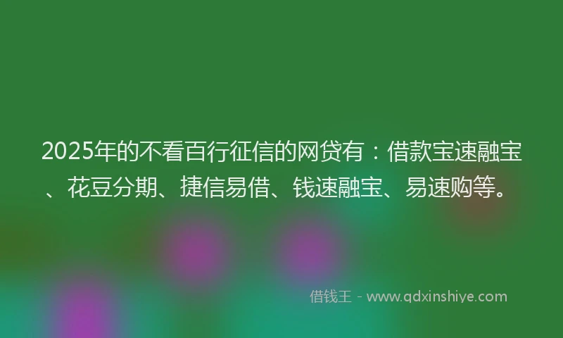 2025年的不看百行征信的网贷有：借款宝速融宝、花豆分期、捷信易借、钱速融宝、易速购等。
