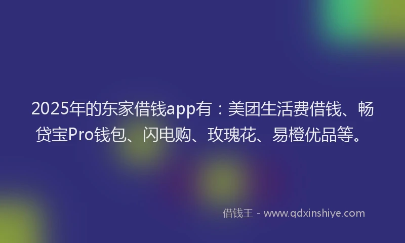 2025年的东家借钱app有：美团生活费借钱、畅贷宝Pro钱包、闪电购、玫瑰花、易橙优品等。