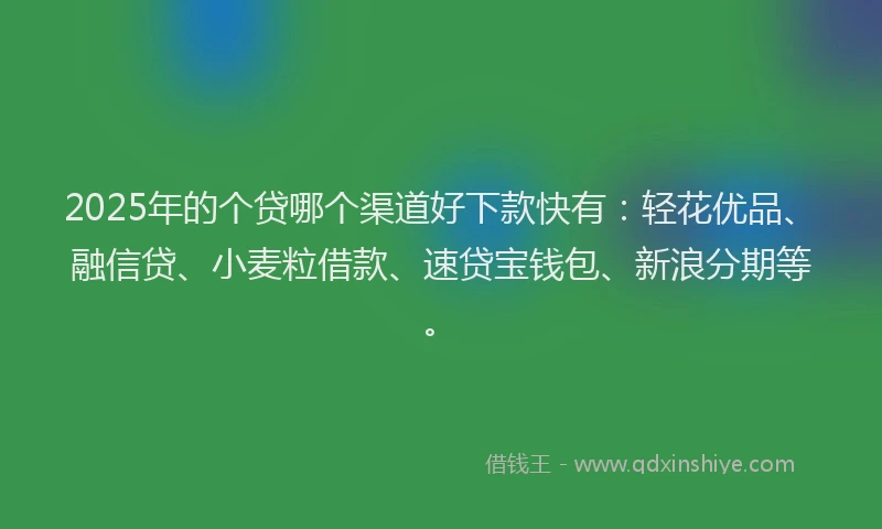 2025年的个贷哪个渠道好下款快有：轻花优品、融信贷、小麦粒借款、速贷宝钱包、新浪分期等。
