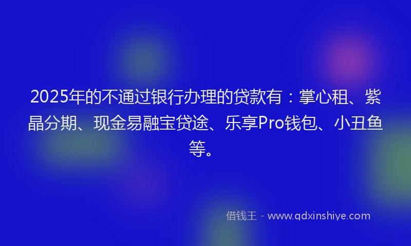 2025年的不通过银行办理的贷款有：掌心租、紫晶分期、现金易融宝贷途、乐享Pro钱包、小丑鱼等。